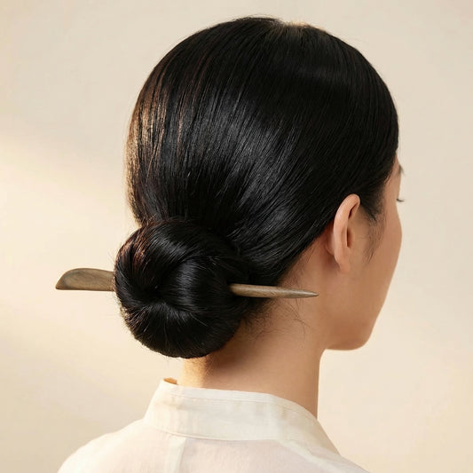 Sandalwood hair stick worn in sleek low bun showing smooth curved form and paddle tip