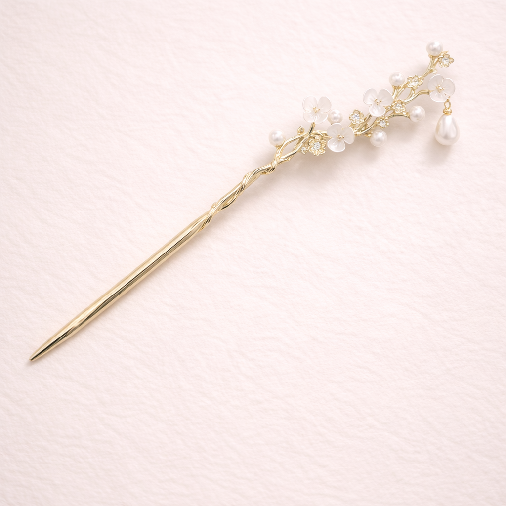 Soft Branch oriental floral hair stick with vine design, blossom accents, and teardrop pearl — full length view"