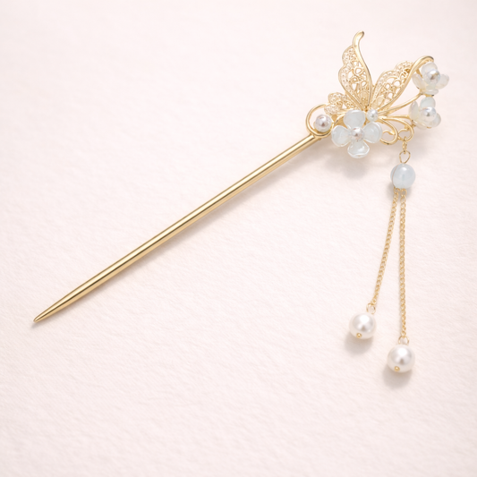 Morning Wing oriental butterfly hair stick with opal flowers and pearl drops — full length view by Hanarai