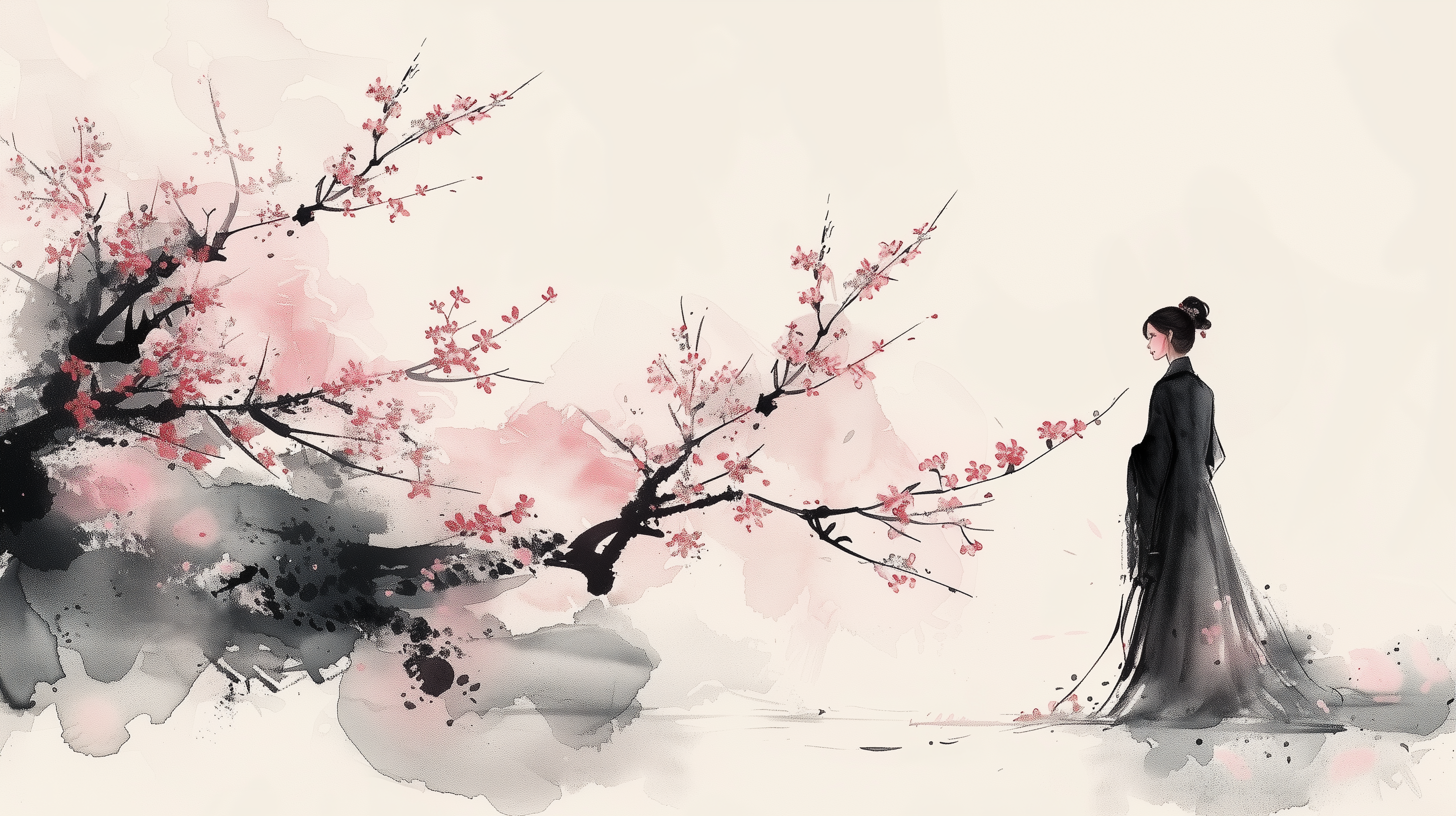 Traditional Chinese painting of a woman in a flowing dress standing under cherry blossoms.